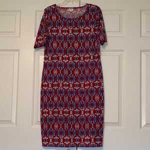 LuLaRoe Red White and Blue Geometric Midi Short Sleeve Dress